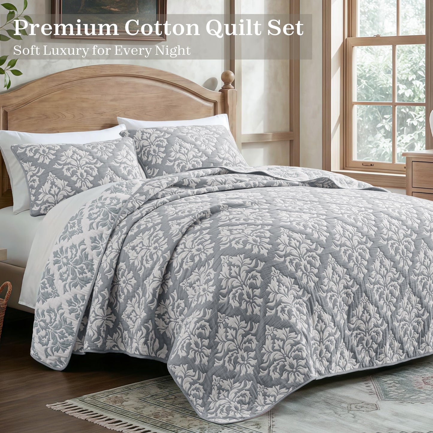 Exclusivo Mezcla Cotton Quilts King Size Grey, Soft Lightweight Bedspread Breathable Prewashed Bed Coverlet with 2 Pillow Shams, Boho Pattern Yarn Dyed Muslin Quilt Bedding Set for All Seasons