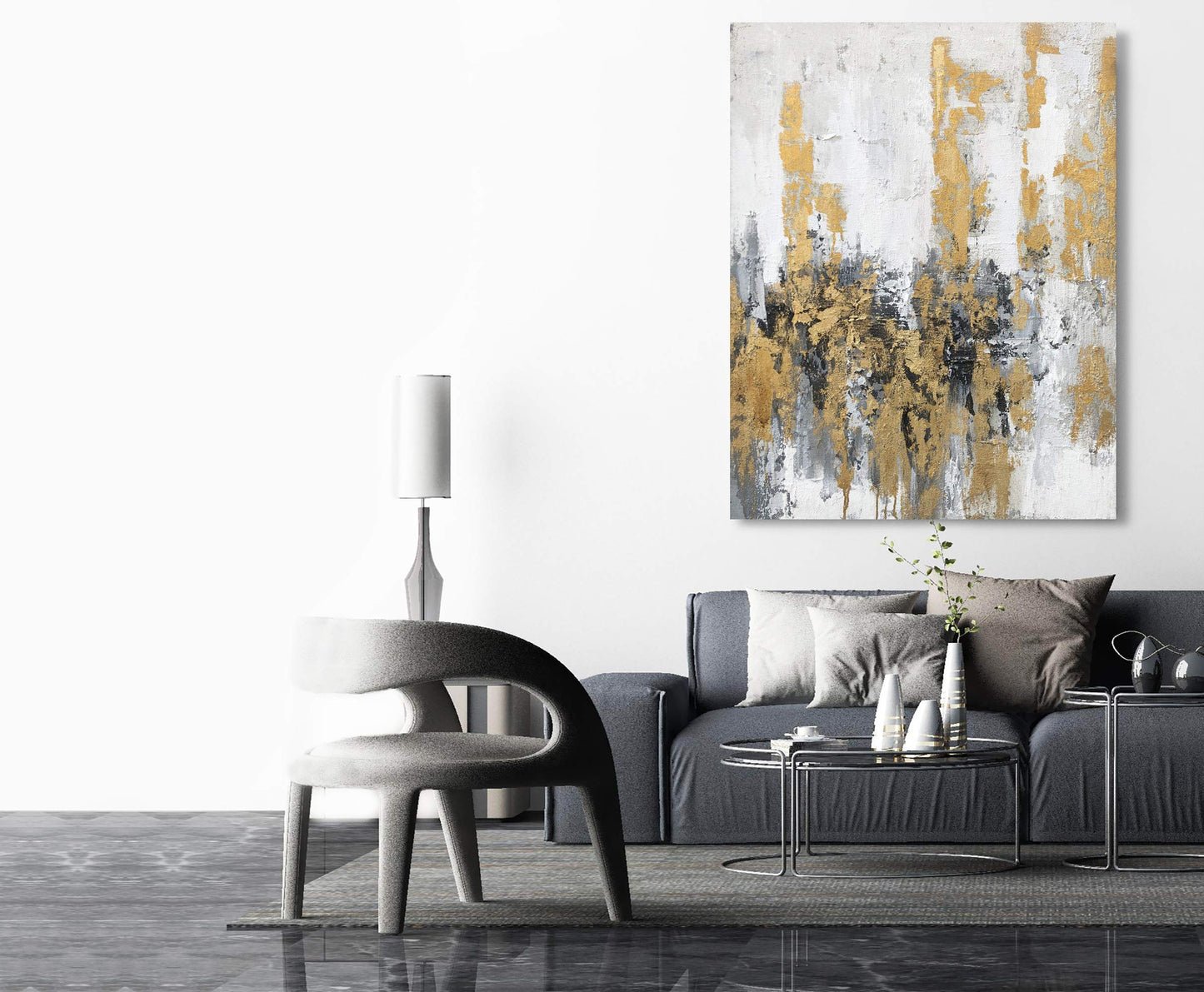 Yihui Arts Modern Abstract Skyline Canvas Wall Artwork with Gold Foil Hand Painted Art Painting Pictures for Living Room Bathroom Home Decoration