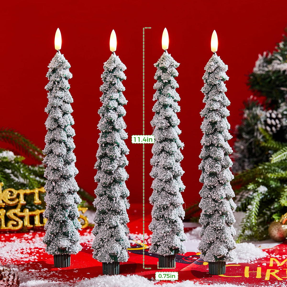 Velsyn 4 Pack Christmas Tree Candles Covered in Snow with Remote, 11 Inch Real Wax flameless Taper Candles, LED Candle Battery Operated with 3D Flickering Flame, Green Candlesticks Christmas Decor