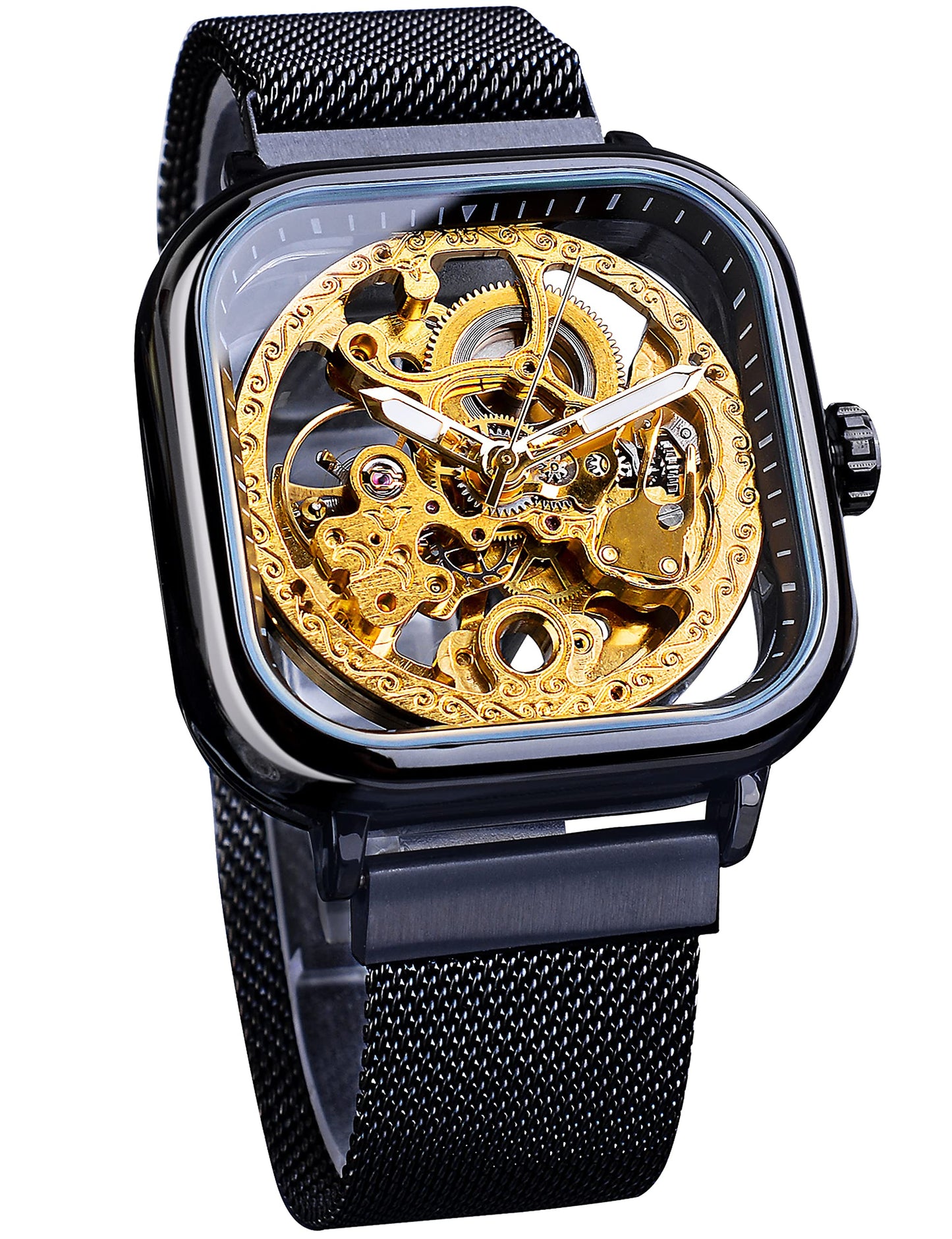 FORSINING Square Automatic Watches Mechanical Wrist Watch Black for Mens Skeleton Watches with Stainless Steel Transparent Dial with Royal Flower Movement Carving