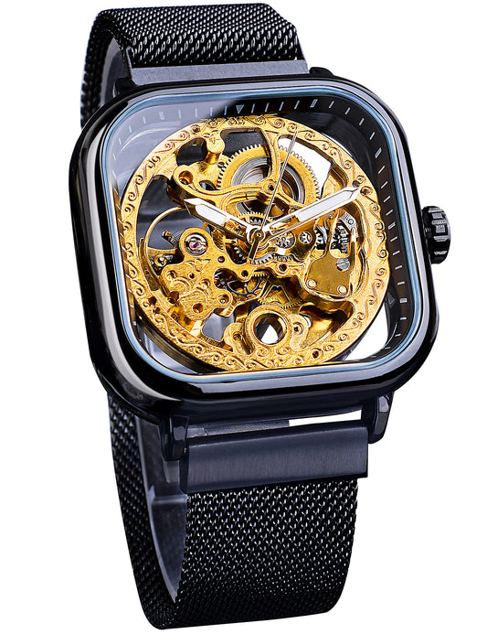 FORSINING Square Automatic Watches Mechanical Wrist Watch Black for Mens Skeleton Watches with Stainless Steel Transparent Dial with Royal Flower Movement Carving