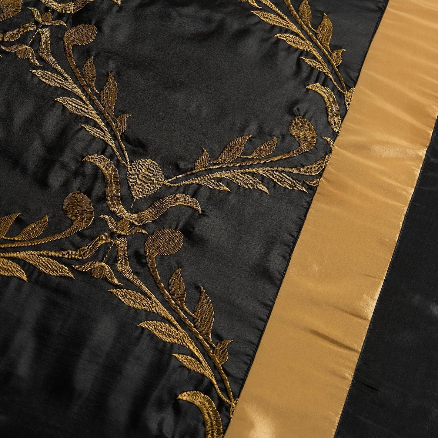 HIG 7 Piece Bed in A Bag Comforter Set Queen - Black and Gold Faux Silk Fabric Embroidered - Breathable and Wrinkle Resistant -1 Comforter, 2 Shams, 3 Decorative Pillows, 1 Bedskirt