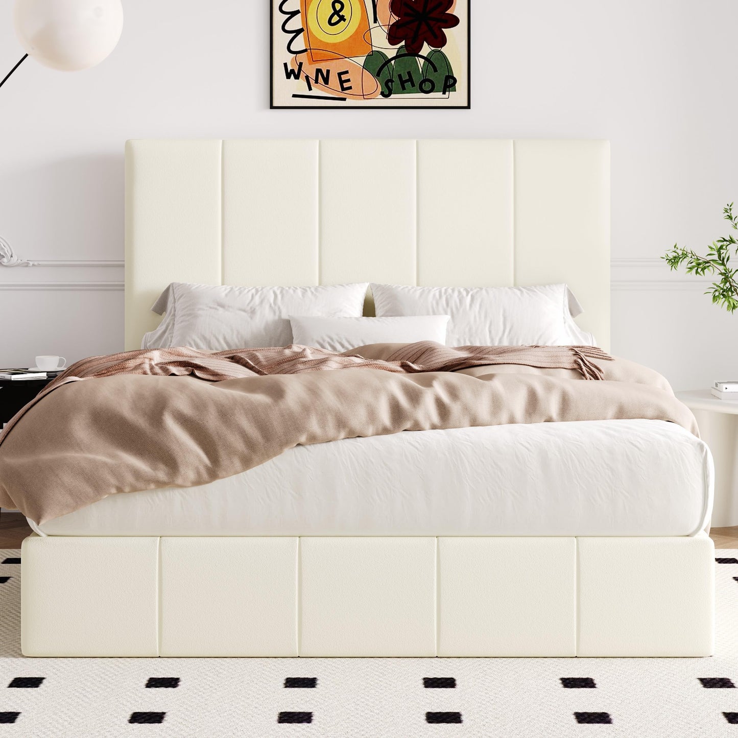 Allewie Queen Size Velvet Lift Up Storage Bed Frame, Vertical Channel Tufted Headboard, Hydrualic Underneath Storage, Upholstered Platform Bed, Wooden Slats Support, No Box Spring Needed, Cream