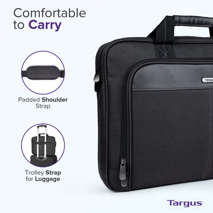 Targus 15-16 Inch Classic Slim Laptop Bag, Black - Ergonomic Briefcase and Messenger Bag - Spacious Foam Padded Laptop Bag for 16" Laptops and Under (TCT027US)