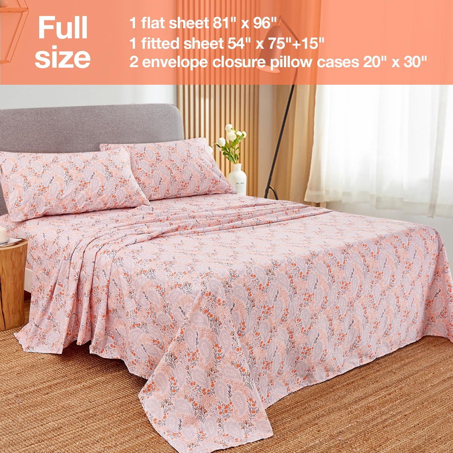 JSD Pink Paisley Floral Sheet Set Full Size, 4 Piece Soft Printed Microfiber Sheets Extra Deep Pocket