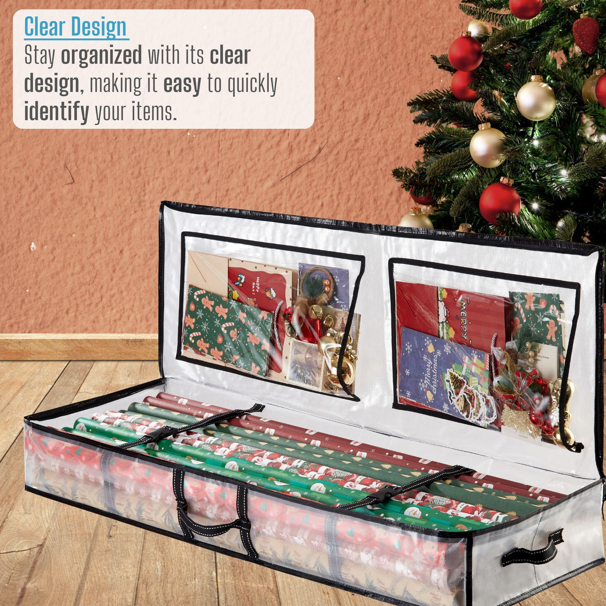 VENO 2 Pack Clear Wrapping Paper Organizer Storage Box for Christmas Gift Bags and Holiday Accessories, Underbed Storage Container with Interior Pockets, 40 Inches Long Fits 24 Rolls (2 Pack)