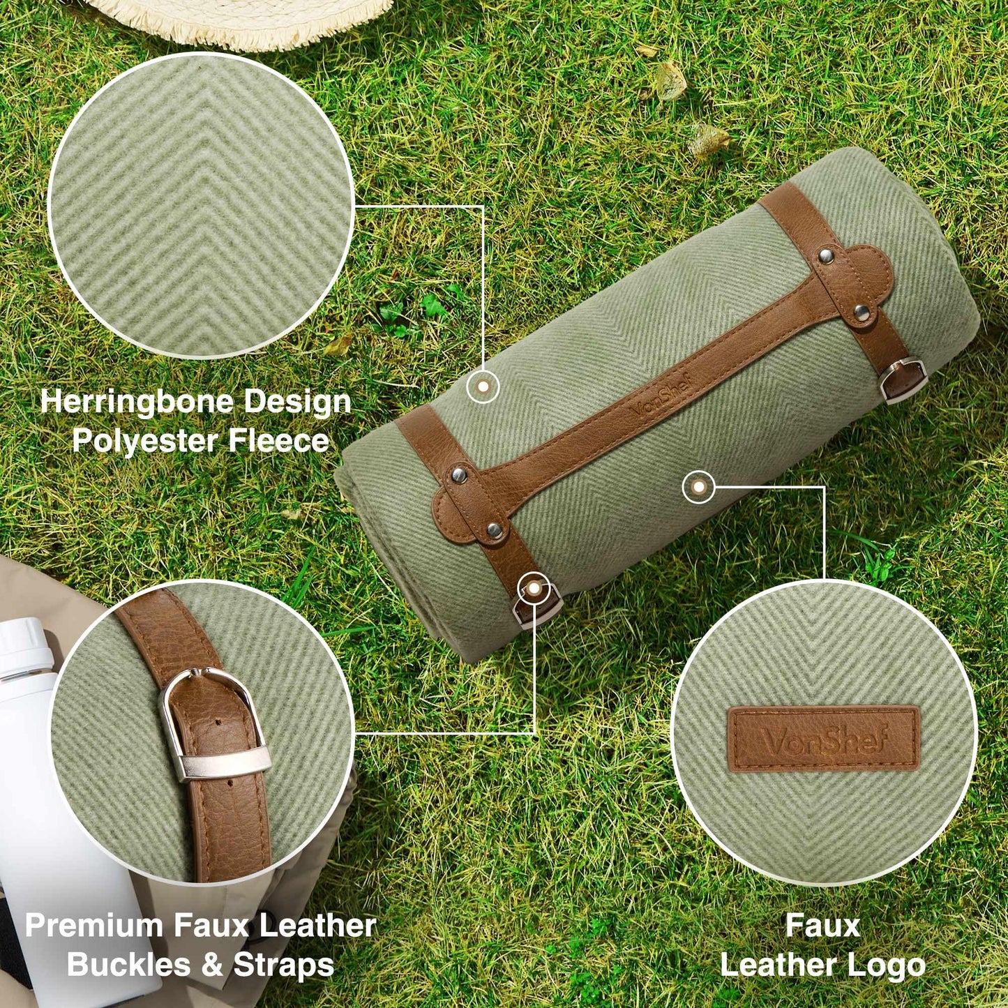 VonShef Picnic Blanket, Green Herringbone Outdoor Rug with Waterproof Backing, 6 Person Weatherproof Picnic Mat with Faux Leather Handle, Water Resistant Camping Accessories, 147x180cm