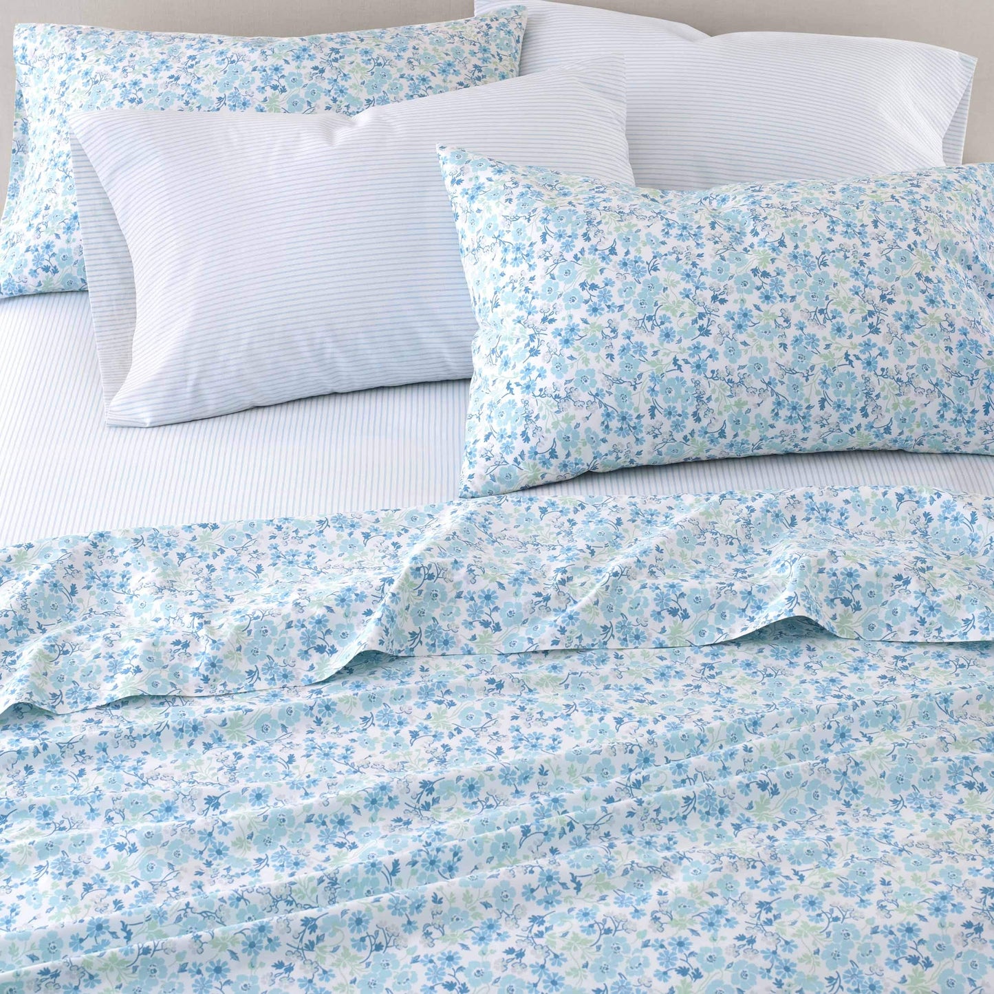 Laura Ashley - King Sheets, Cotton Percale 6-Piece Bedding Set, Crisp & Cool Home Decor (Jaynie Pastel Blue, King)