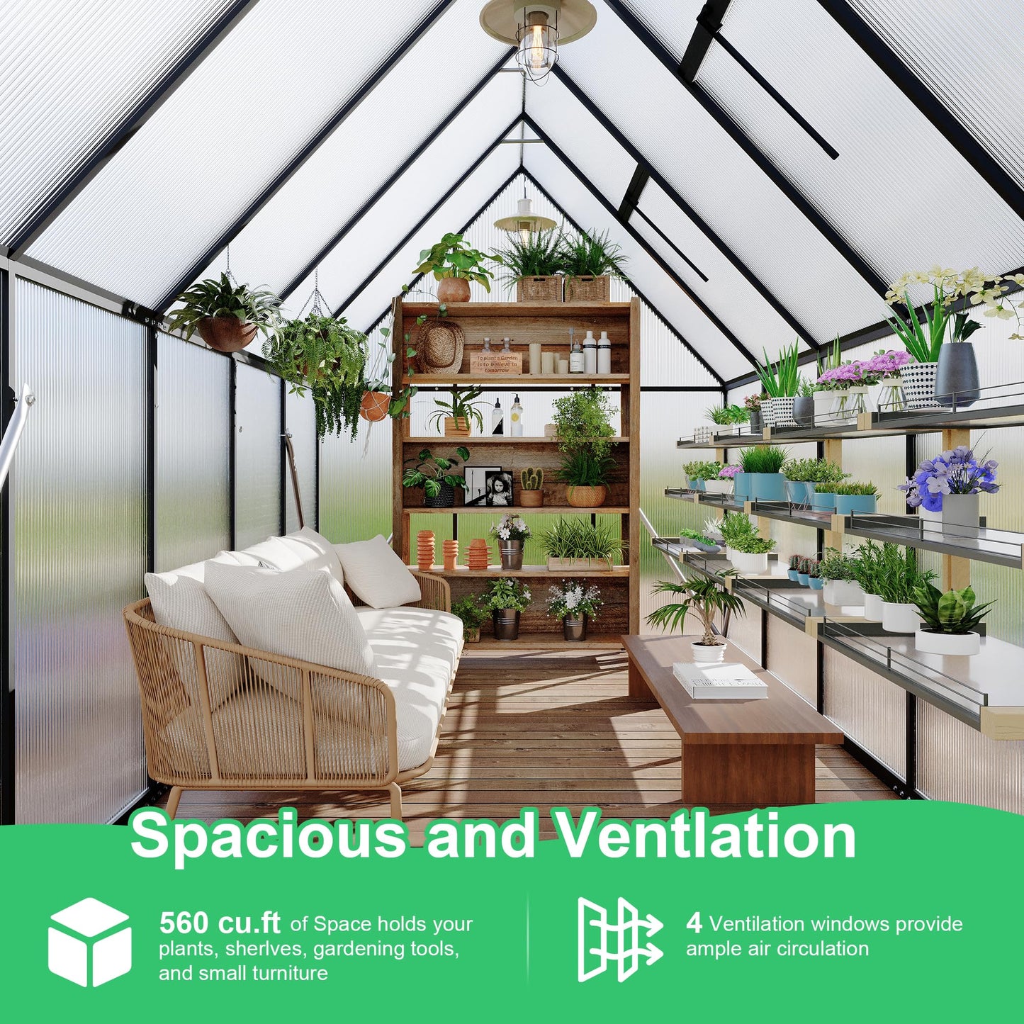 Polycarbonate Greenhouse for Outdoors, Large Walk-InGreenhouse with Quick Setup Structure and Roof Vent, Greenhouse with Ventilation
