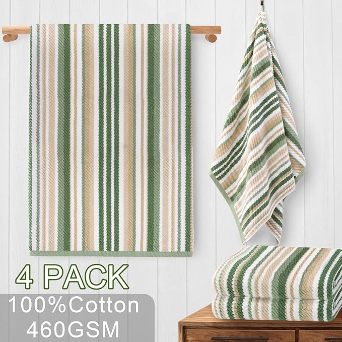 Green Bath Towels Set of 4, Striped Bath Towels