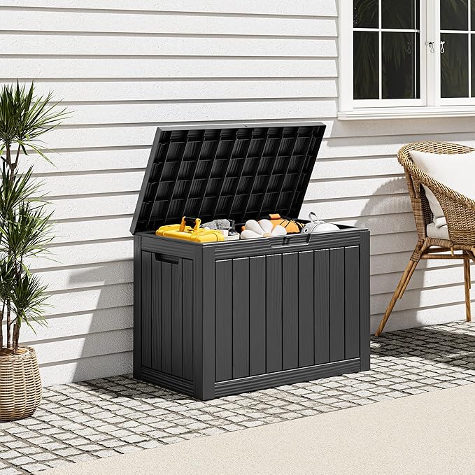 Outdoor Storage Box, Resin Deck Boxes Indoor and outdoor, Waterproof Storage Box Lockable Lid (Black, 45 Gallon)