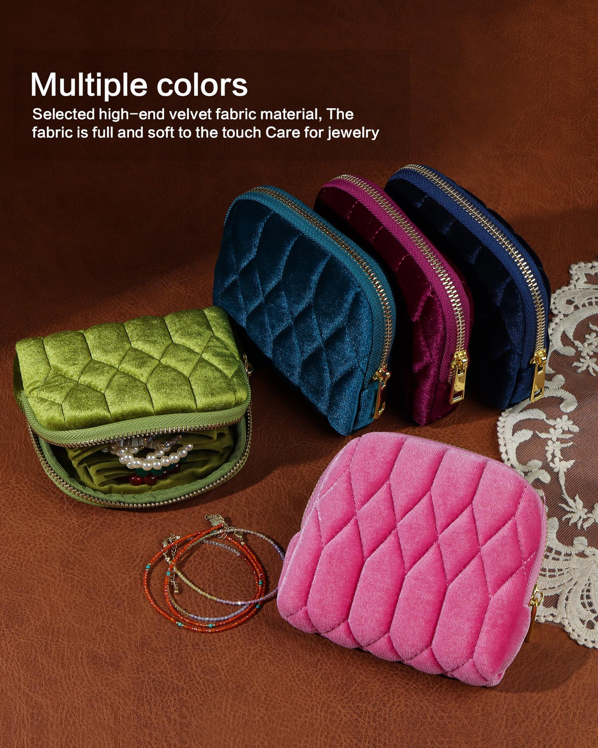 Vidifina Small Travel Jewelry Case, Mini Travel Jewelry Bag with Zipper, 5-Layer Velvet Organizer Pouch for Bracelet Rings Earrings - Diamond Stitched Velvet Rose Purple