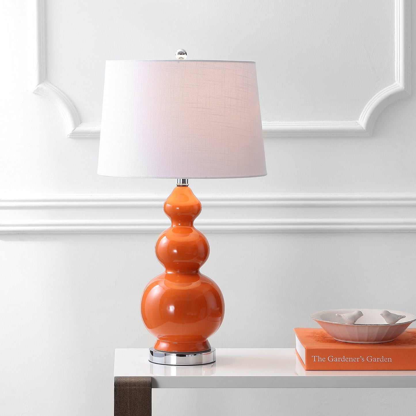 JONATHAN Y 27.5" Coral Modern Ceramic Gourd Table Lamp for Living Room, Large Bedside Nightstand Lamp for Bedroom, White Linen Drum Shade, LED Bulb Included JYL4023A