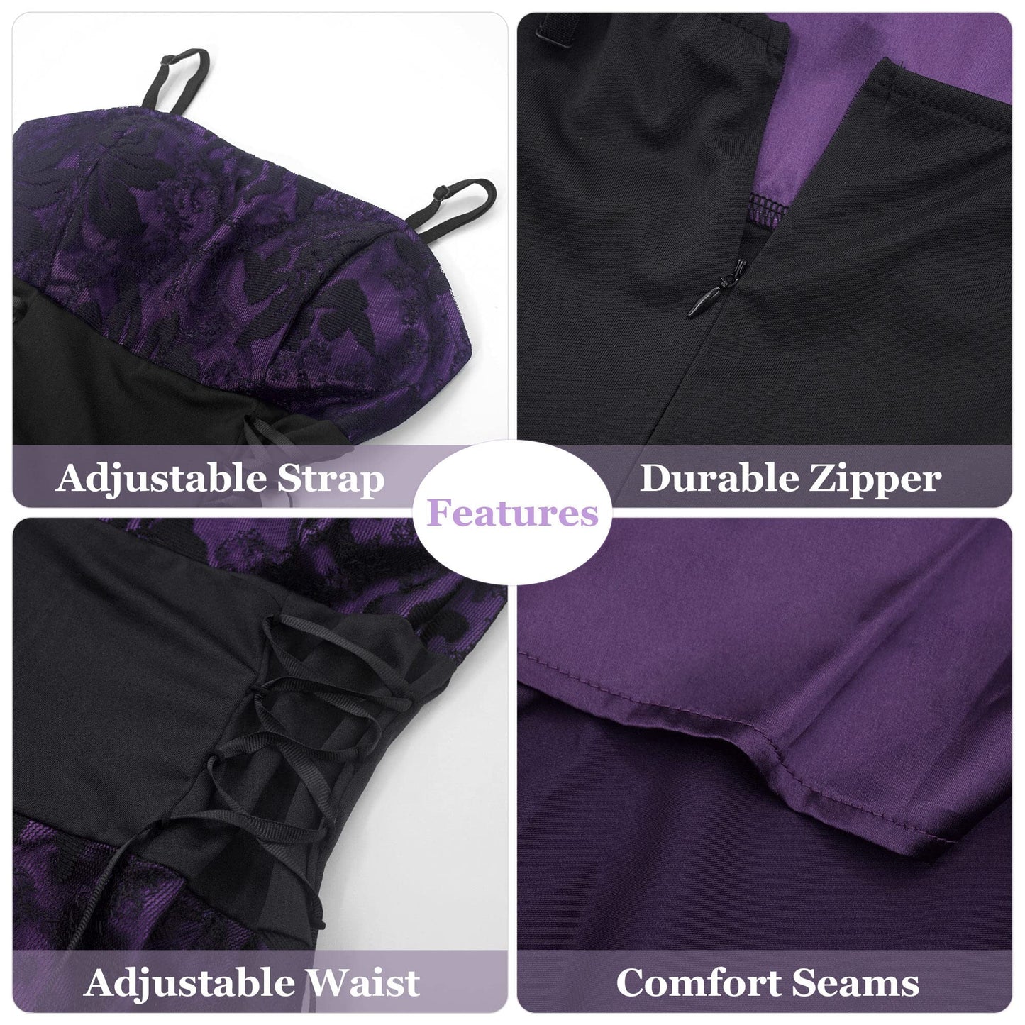 Retro Medieval Dress for Women Victorian Wedding Renaissance Costumes Spaghetti Straps Ruffles Hem Swing Dresses Halloween Vintage Cocktail Cosplay Party Dress A-Purple