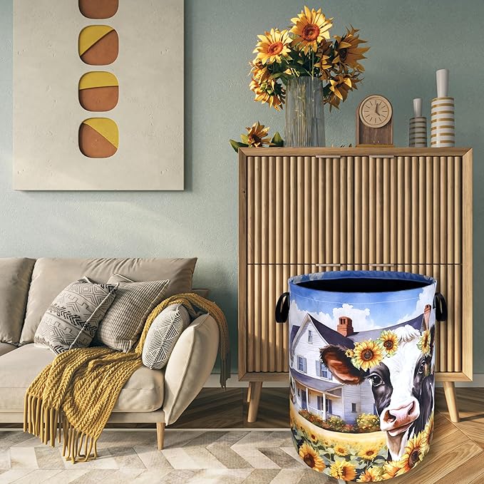 Cows Sunflower Laundry Basket Cow Foldable Funny Laundry Hamper Oxford Cloth