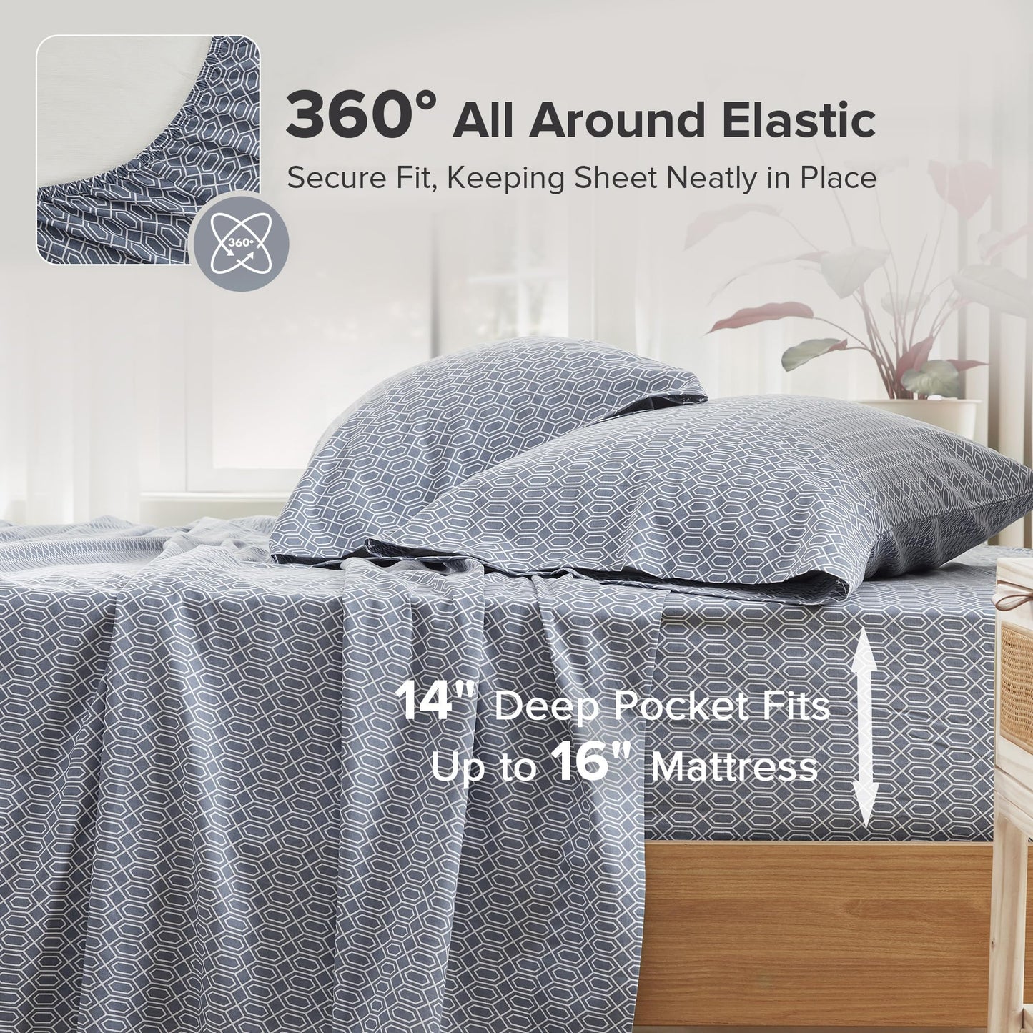 Comfort Spaces 100% Cotton Sheet Set Breathable, Lightweight, Soft with 14" Elastic Pocket Fits up to 16" Mattress, All Season Cozy Bedding, Matching Pillow Case, King Diamond Blue 4 Piece