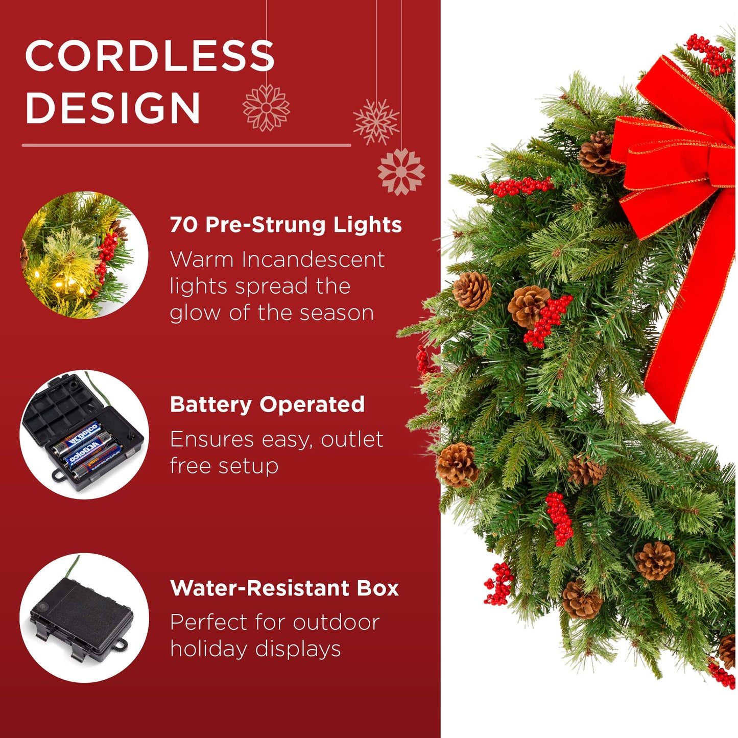 Best Choice Products 24in Pre-Lit Battery Powered Christmas Wreath Artificial Pre-Decorated Holiday Accent w/ 70 Lights, 96 PVC Tips, Ribbons, Pine Cones