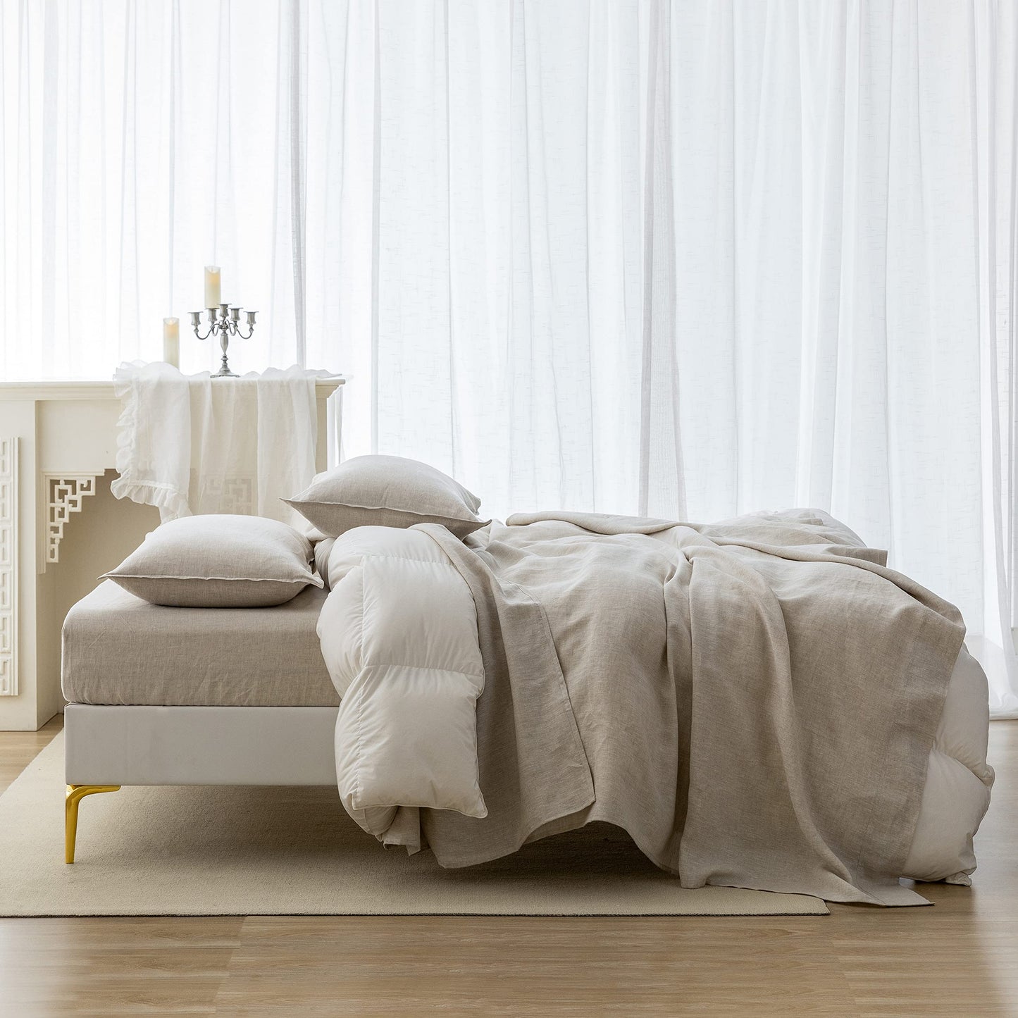 EVERLY Linen Sheets Set Twin Size,100% French Pure Linen Sheets Set,3Pieces (1Flat Sheet,1Fitted Sheet,1Pillowcase) Suitable for Hot Sleepers, Stonewash Not Dyed Deep Pocket Natural Linen Bedding Set