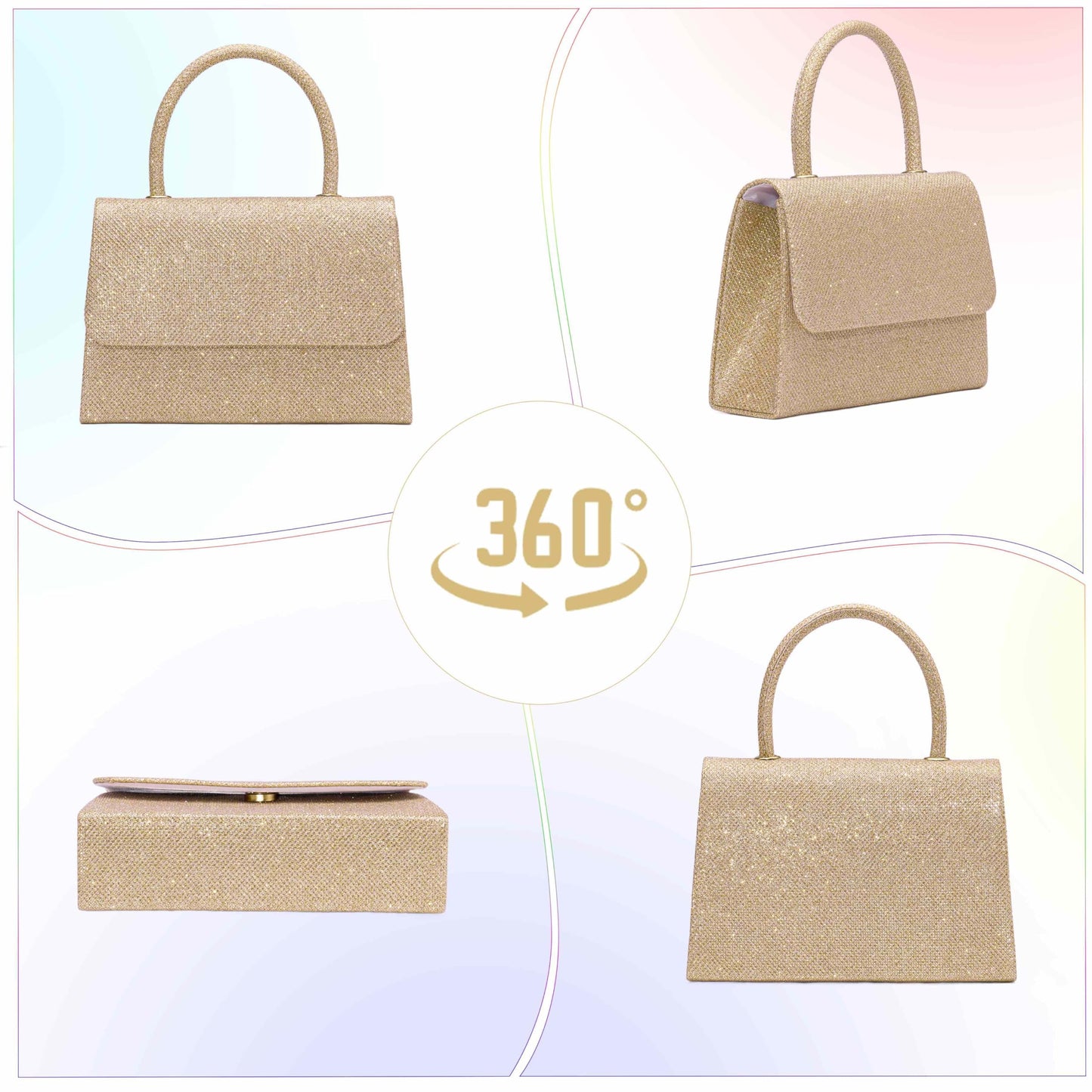 Larcenciel Women's Clutches, Sparkly Champagne Gold Handbags for Women w/Detachable Chain, Top Handle Evening Clutch Bag, Elegant Crossbody Purse Shoulder Bag for Party Prom Wedding, 20x5x13cm