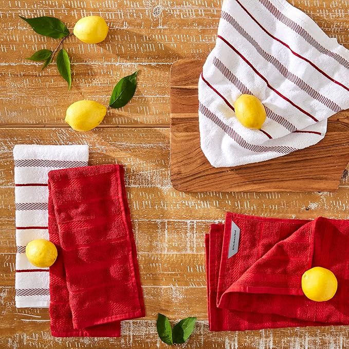 KitchenAid Albany Kitchen Towel 4-Pack Set, Passion Red/White