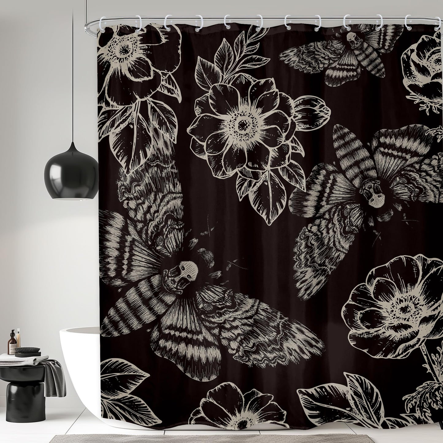 LGhtyro Gothic Skull Moth Halloween Shower Curtain Bathroom Set 60Wx71H Inches Witchy Scary Black Flower Death Head Mysterious Butterflys Bath Accessories Men Art Home Decor Fabric 12 Pack Hooks