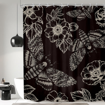 LGhtyro Gothic Skull Moth Halloween Shower Curtain Bathroom Set 60Wx71H Inches Witchy Scary Black Flower Death Head Mysterious Butterflys Bath Accessories Men Art Home Decor Fabric 12 Pack Hooks