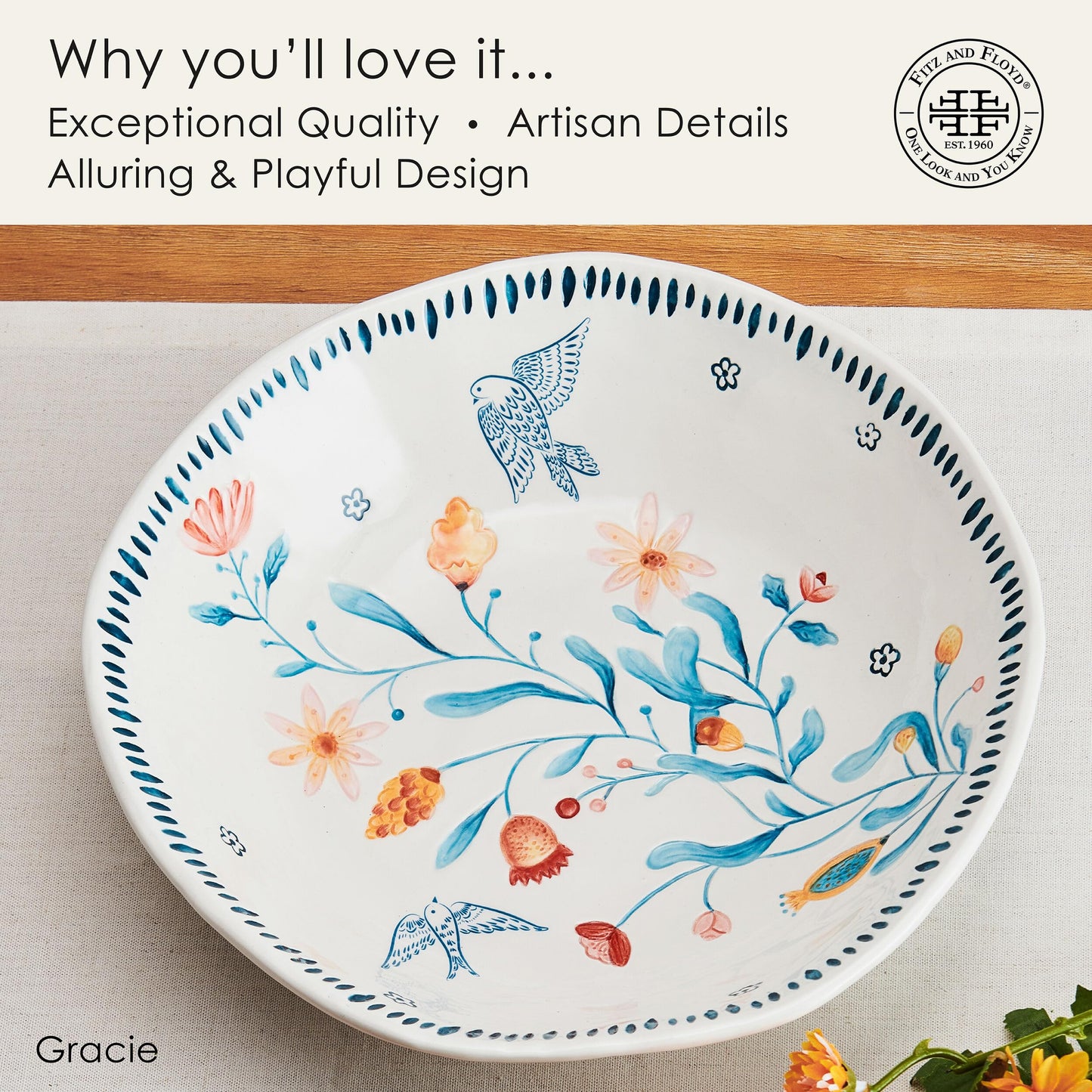 Fitz and Floyd Gracie Serving Bowl, White, 10 Inch