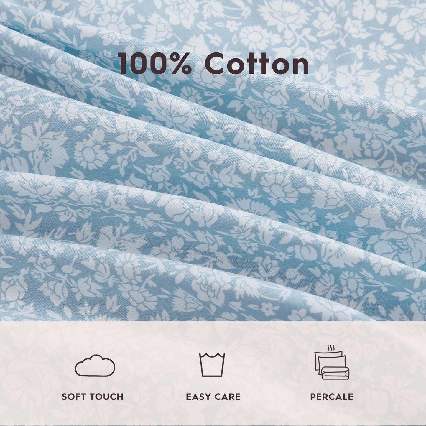 Laura Ashley - King Sheets, Cotton Percale Bedding Set, Lightweight & Breathable Home Decor (Heirloom Ditzy Blue, King)