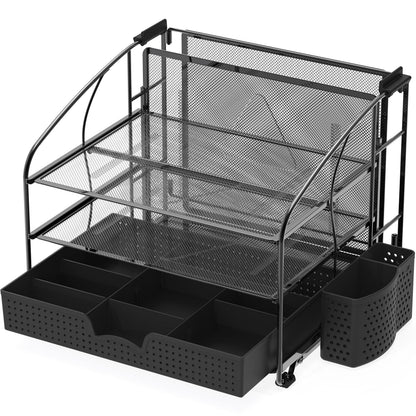 Simple Houseware 3-Tier Desk Organizer with Sliding Drawer, Hanging File Holder and Pen Holder Accessory, Black