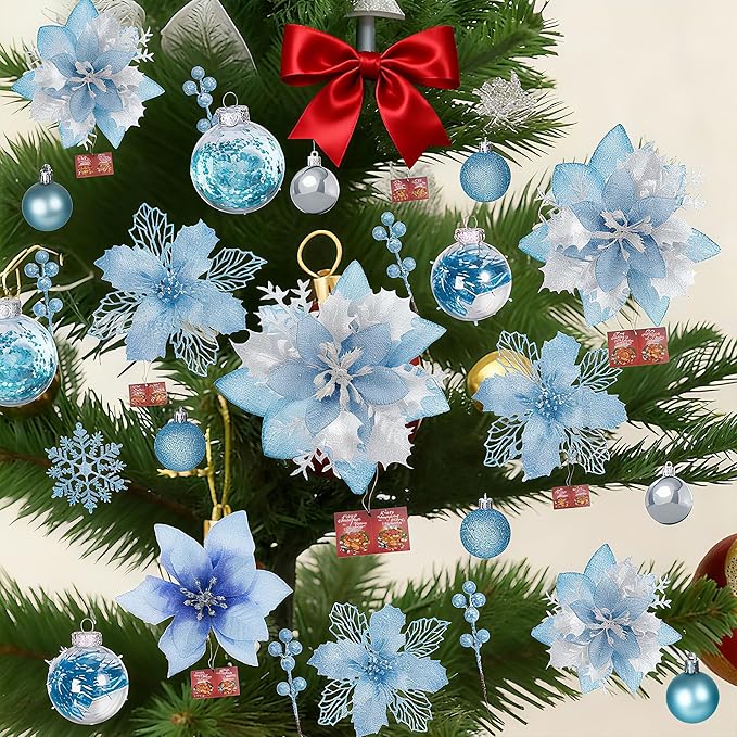 76Pcs Christmas Tree Decorations Set, Blue Assorted Ornaments with Large Shatterproof Plastic Balls, Star Tree Topper, Glitter Berries Stems, Ribbon for Indoor Garland Home Holiday Wedding Decor