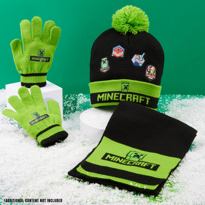 Minecraft Boys Beanie Hat Gloves And Scarf Set, Winter Accessory Set - Boys Gift (One Size, Green/Black Character)