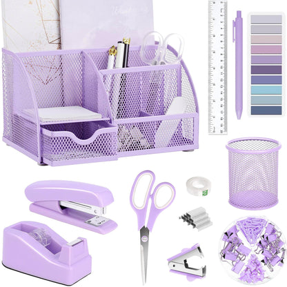 Purple Office Desk Accessories Supplies, 12pcs Desk Organizers and Accessories with Tape dispenser and Stapler,Staples,Staple Remover,Pen Holder,Scissor,Ruler,Sticky Tabs,Tape,Ballpoint Pen,Clips Set