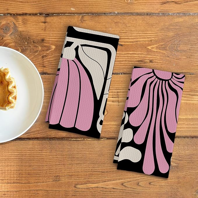 Abstract Boho Pink and Beige Floral Kitchen Towels Set of 2, Retro 70s Groovy