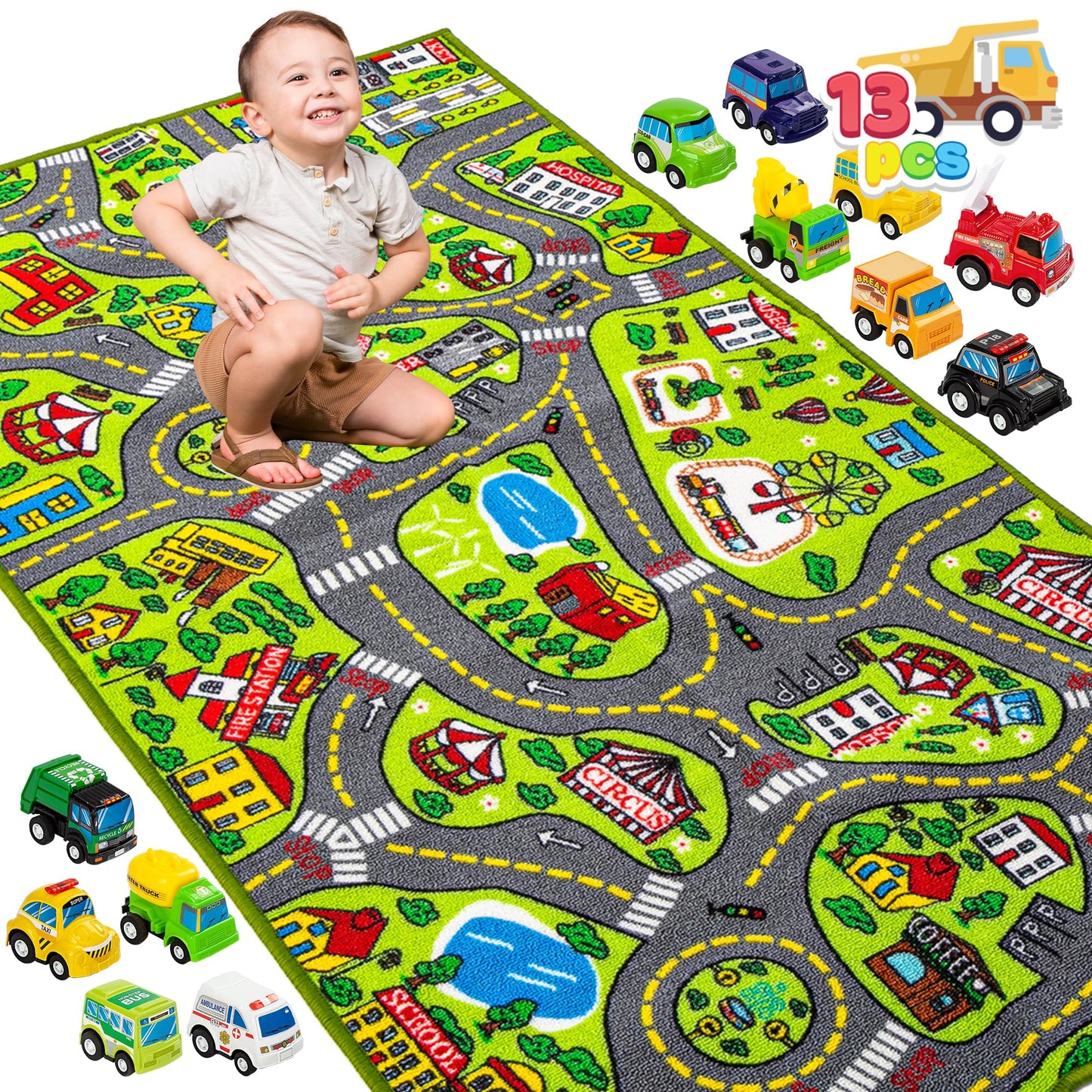 JOYIN Kids Toy Rug Gift Set-City Playmat with Road Tracks & 12 Vehicles,Educational Carpet for Boys Girls,City Pretend Play,Durable Playroom Toy Mat for Kids,148x80cm