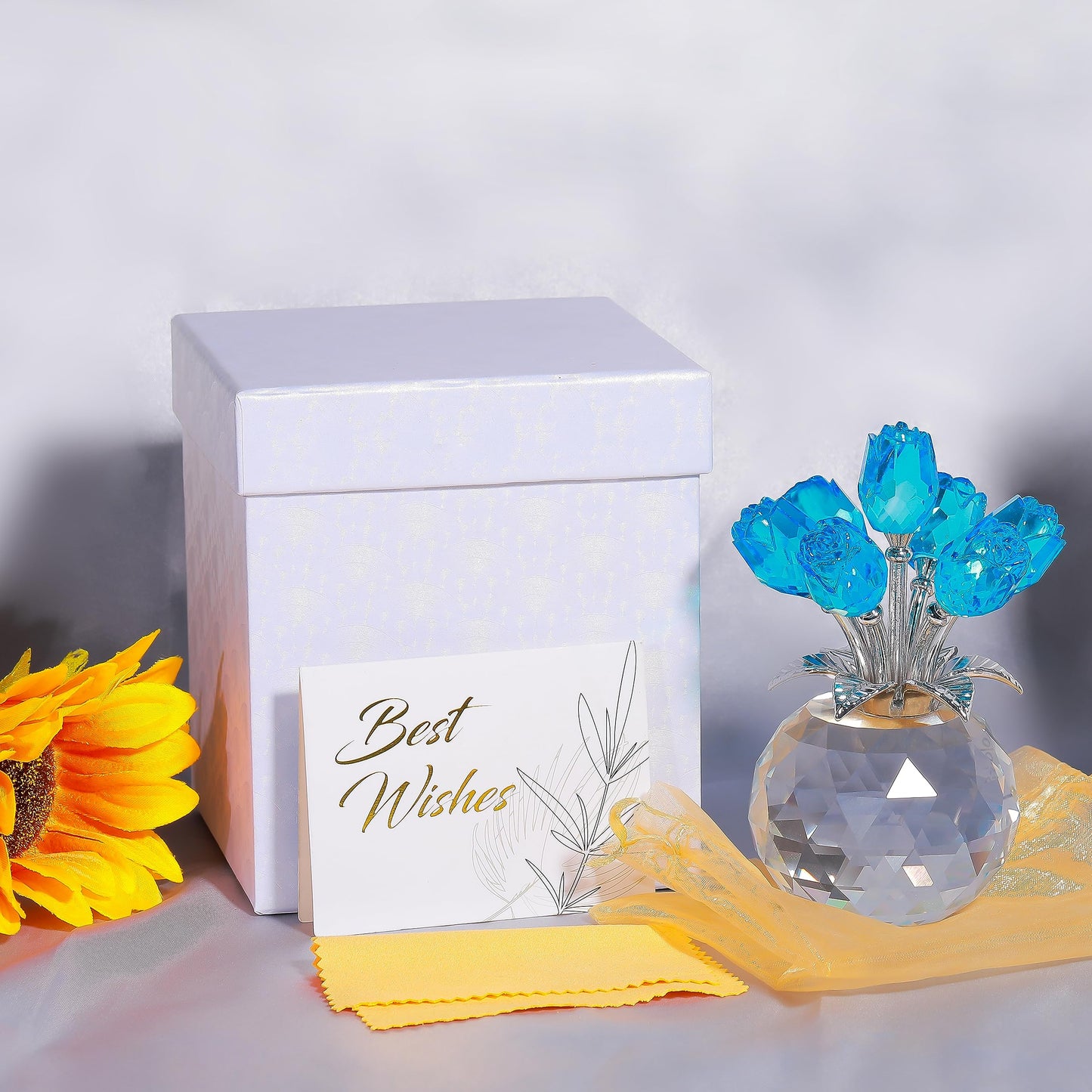 Lake Blue Rose Crystal Figurine with Vase, Bouquet Flowers Ornament Gifts for Wife, Girlfriend, Women - Handmade Crystal Flower Collectible Home Table Decor for Valentine Day, Wedding Anniversary