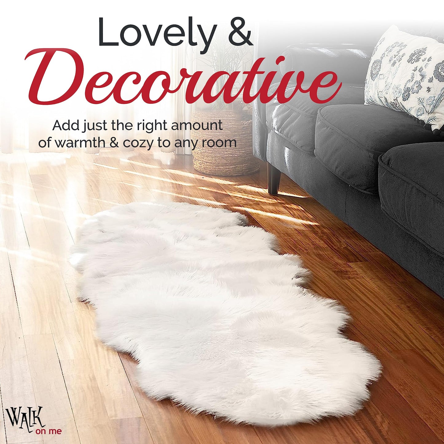 Walk on Me White Double Pelt Faux Fur Sheepskin Rug: Ultra Soft, Super Thick, Fluffy 2x6 Feet, Living Room, Bedroom, Office, Synthetic, Latex, Non-Slip