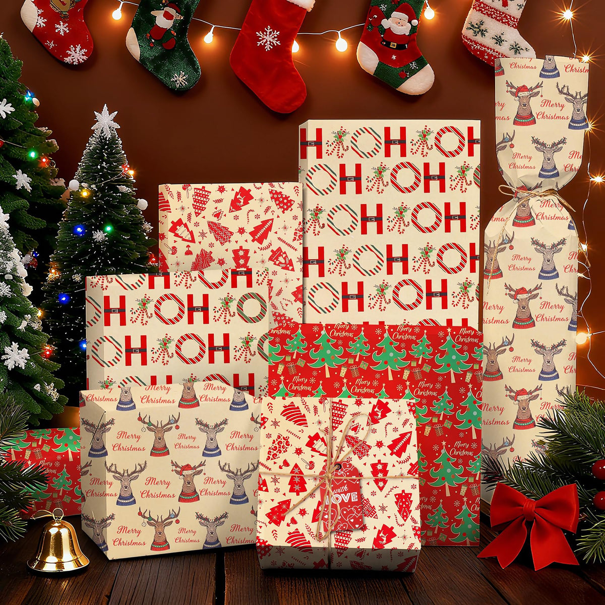 ENFANTRY Christmas Wrapping Paper, 4 Sheets Gift Wrapping Paper Bundle, Christmas Tree Reindeer Head Xmas Gift Paper, Thick Kraft Brown Paper for Chrimas, Birthday, New Year, Valentines, Wedding, Holiday Deco, DIY