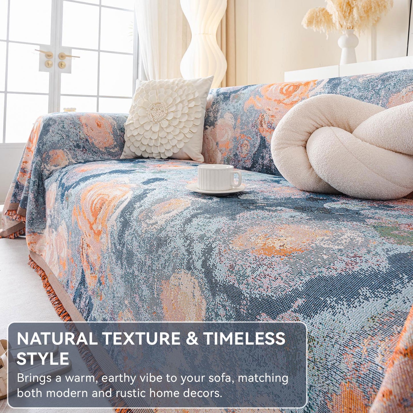 VClife Flower Couch Cover for Sectional Sofa Washable Sofa Cover, Modern Peach Blue Flower Sofa Couch Cover Breathable Anti-Slip Cotton Linen Sofa Slipcover with Tassel Aesthetic Sofa Cover 71"x118"