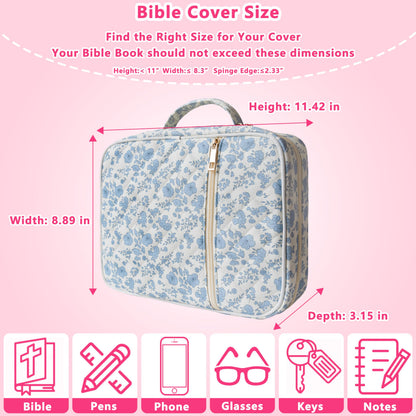 CasaRovela Bible Cover for Women, Large Quilted Case with Handle, Durable Bag and Carrying Case for Girls, Study Supplies Accessories, Christian Gift for Women (Blue Flower, Large)