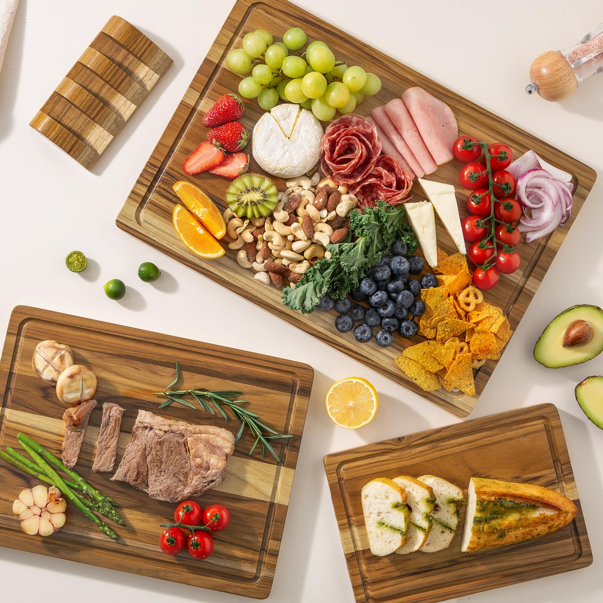 THETCHRY Teak Wood Cutting Board Set of 3 Wooden Cutting Boards for Kitchen