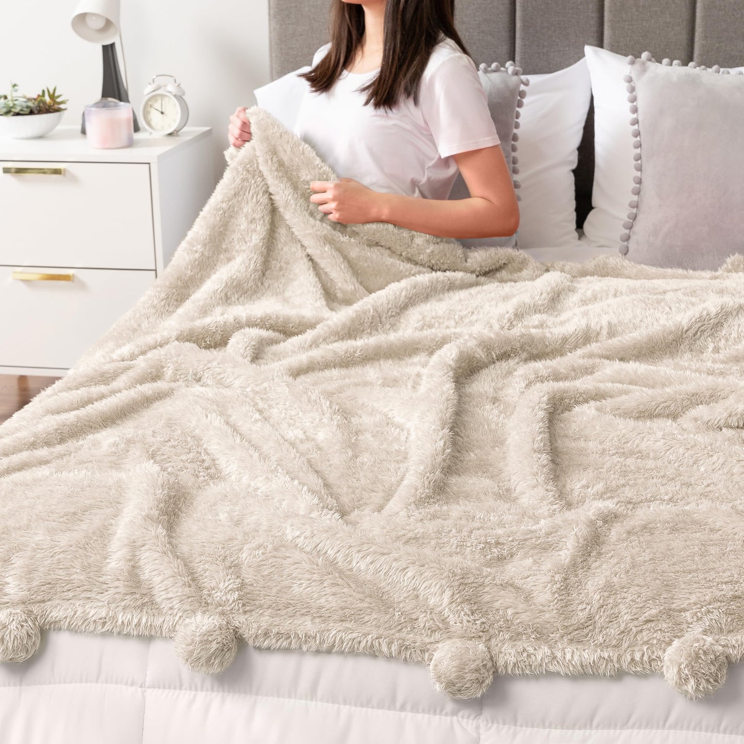 PAVILIA Pom Pom Throw Blanket for Couch, Soft Sherpa Blanket with Pompom, Warm Fluffy Plush Throw for Bed Sofa, Lightweight Decorative Gift for Women Mom Her, Beige, 50x60
