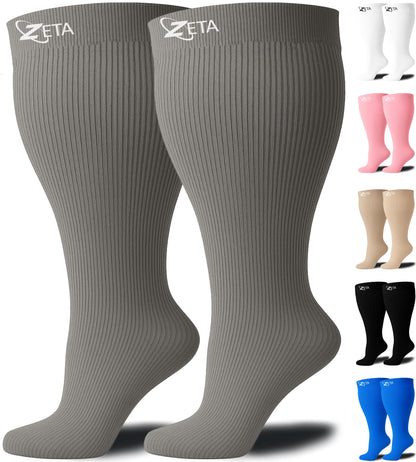 Zeta Wear Plus Size Support Socks - Wide Calf Compression, Great for Travel & Flights, Women Love Its Amazing Fit, Cotton-Rich Comfort & Soothing Relief, 1 Pair, 3XL, Gray
