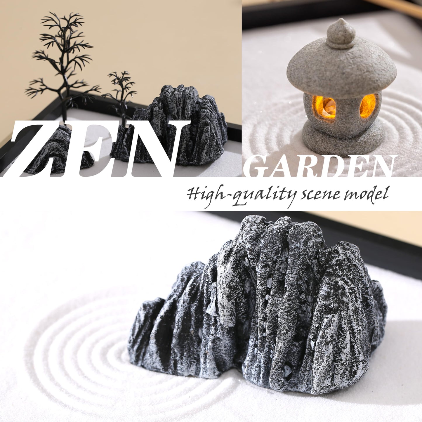 Cularve Illuminated Zen Garden for Desk, Sand Tray Therapy Kit with Glowing Stone Lantern, Japanese Zen Garden Kit, Stress Relief Gifts, Desk Decoration.
