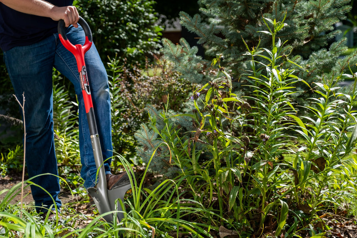 Root Slayer 22011 Garden Shovel with Serrated Blade for Digging and Root Cutting, Heavy Duty Steel Spade, Red