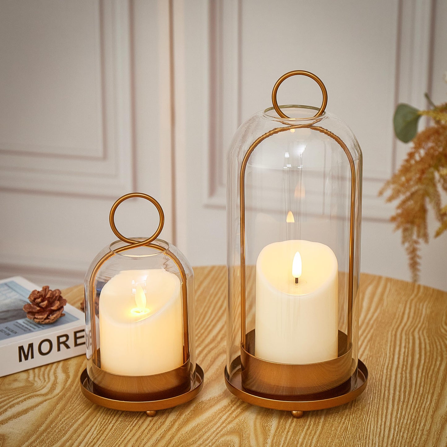 Gdfmsc Hurricane Metal & Glass Candle Holder Set of 2 with Timer Candles, Decorative Candlestick Pillar Holder with Clear Glass for Wedding Party Holiday Dining Table Centerpiece Lanter, Gold
