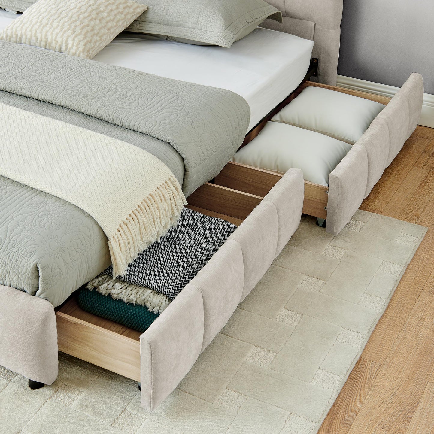 Ball & Cast King Size Upholstered Bed Frame with 4 Drawers and Headboard, Chenille Platform Storage Bedframe, Wooden Slats Support, No Box Spring Needed,Beige