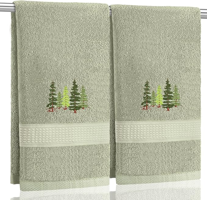 2 Pcs Forest Hand Towels Gray Green Bathroom Decor 14x29 Inch Embroidered 100%