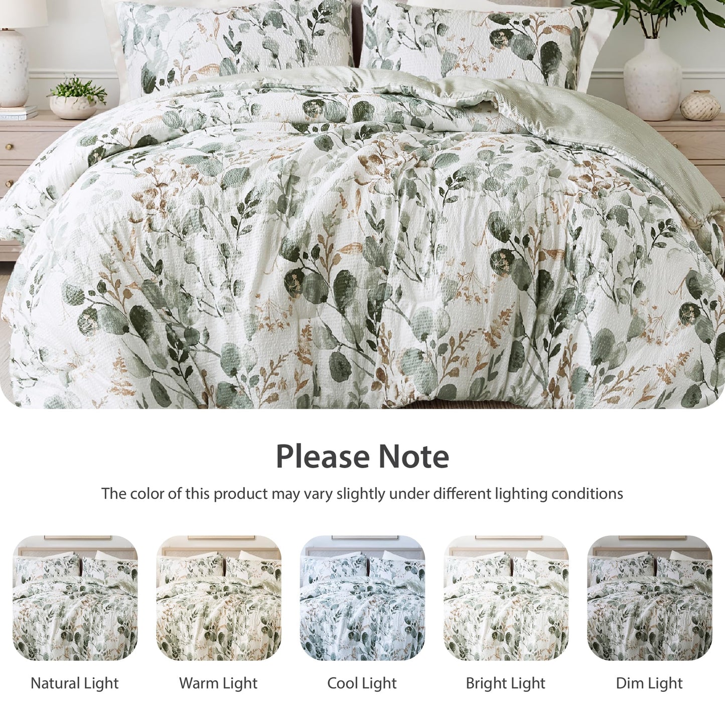 Regency Heights Lightweight Seersucker Botanical Comforter Set Twin Size, 2 Pieces Reversible Design with Striped Print, Premium Microfiber Bedding Set, Comforter and Sham Set, Green