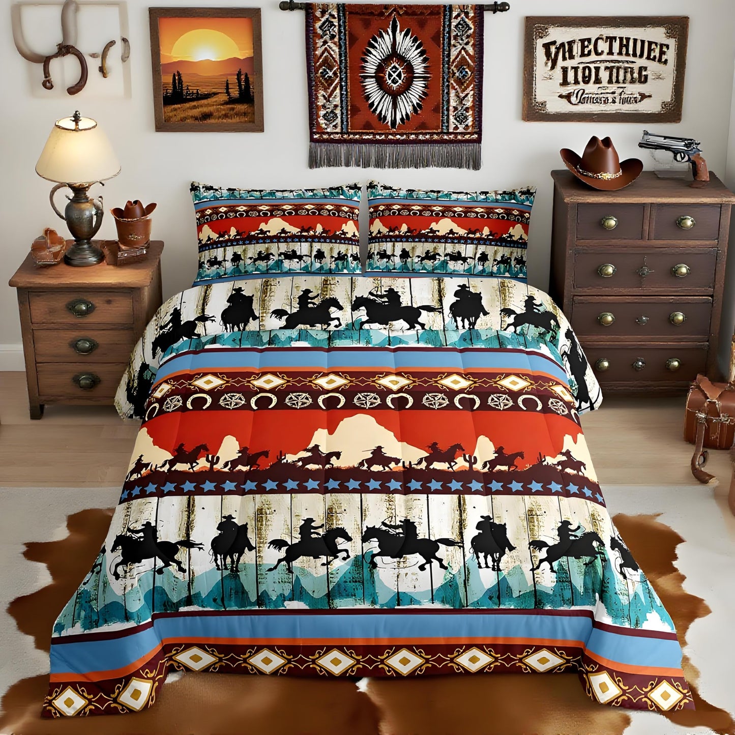 Feelyou Kids Full Aztec Red Comforter Full Size, Southwestern Cowboys Comforter Set for Boys Girls Horse Bedding Set Boho Tribal Duvet Set Microfiber Bed Set