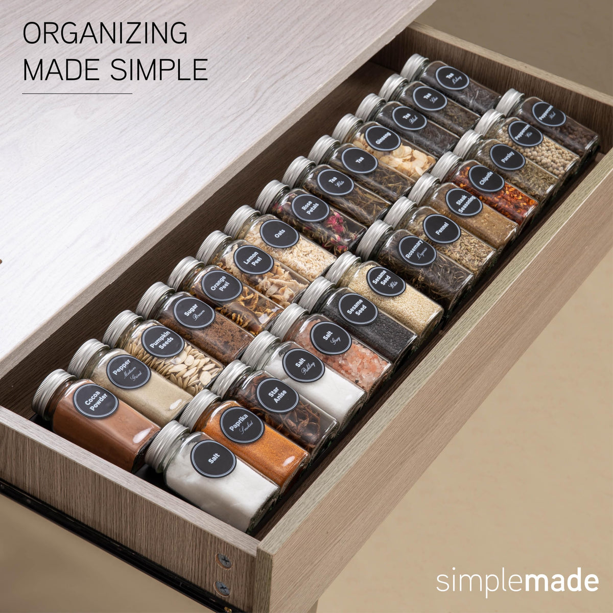 SIMPLEMADE-Spice Drawer Organizer, Spice Rack Drawer for Kitchen, 4 Tier Black Drawer Spice Organizer with 28 Jars and labels with a pen, Silicone Funnel, 13" by 17.5"